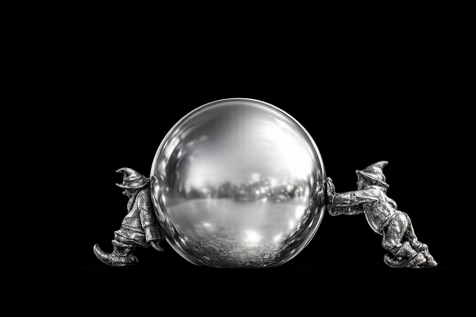 Two figures rolling a polished silver sphere
